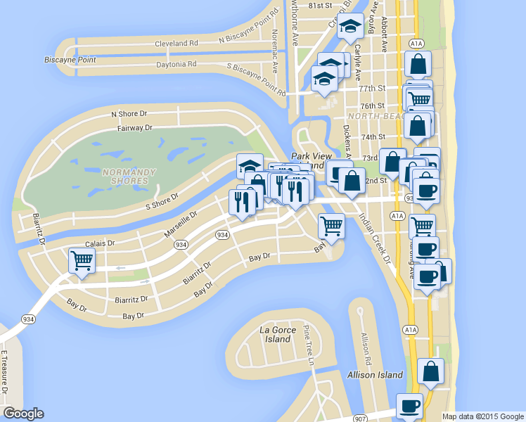 map of restaurants, bars, coffee shops, grocery stores, and more near 1114 Normandy Drive in Miami Beach