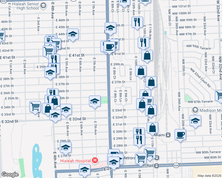 map of restaurants, bars, coffee shops, grocery stores, and more near 3581 East 8th Avenue in Hialeah