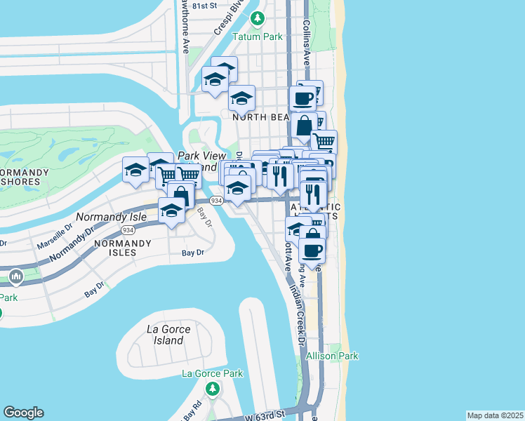 map of restaurants, bars, coffee shops, grocery stores, and more near 6971 Carlyle Avenue in Miami Beach