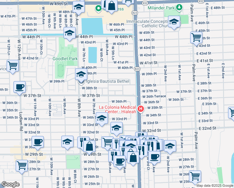 map of restaurants, bars, coffee shops, grocery stores, and more near 3721 West 5th Court in Hialeah