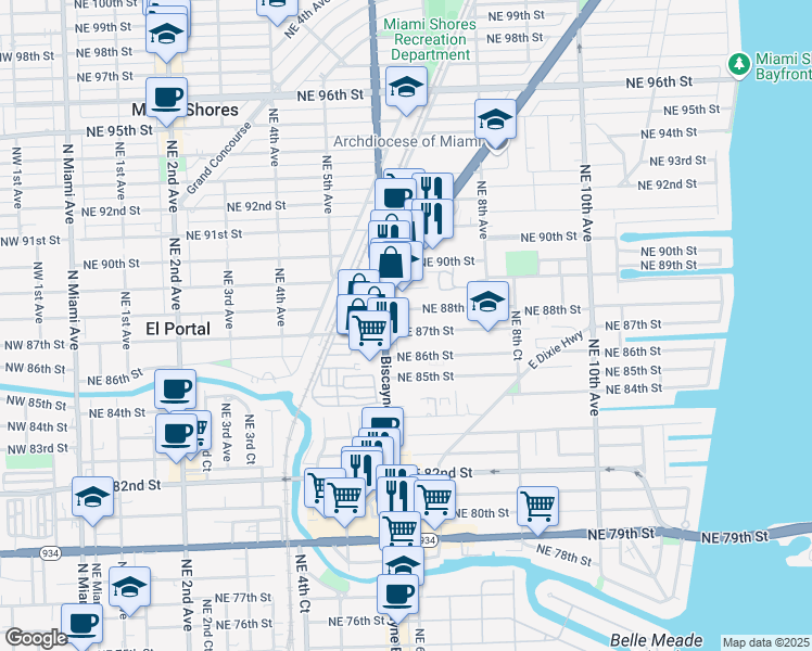 map of restaurants, bars, coffee shops, grocery stores, and more near 631 Northeast 87th Street in Miami Shores
