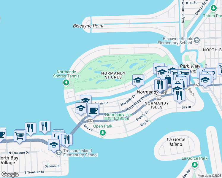 map of restaurants, bars, coffee shops, grocery stores, and more near 705 South Shore Drive in Miami Beach