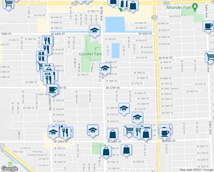map of restaurants, bars, coffee shops, grocery stores, and more near 3700 West 7th Lane in Hialeah