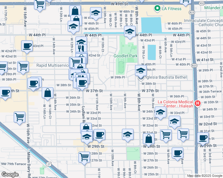 map of restaurants, bars, coffee shops, grocery stores, and more near 959 West 37th Street in Hialeah