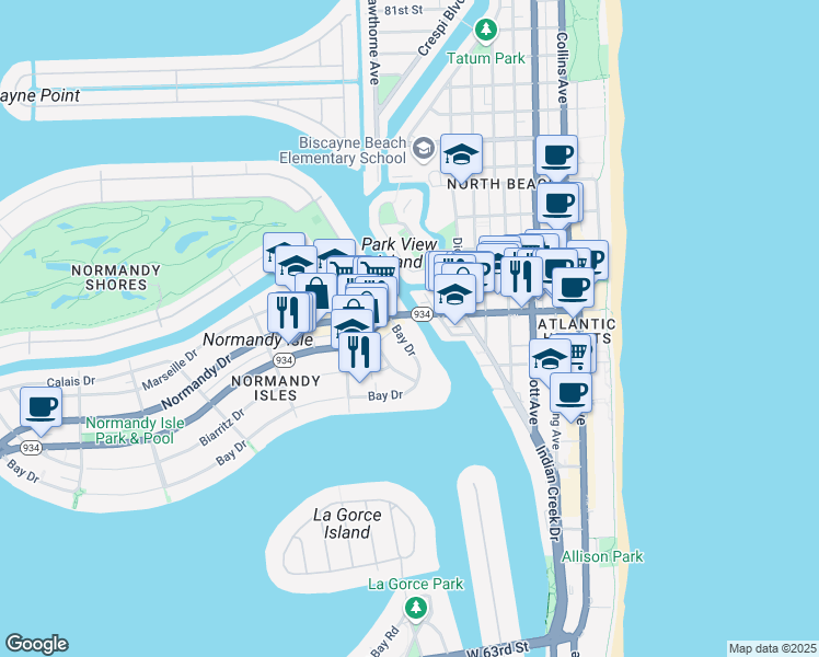 map of restaurants, bars, coffee shops, grocery stores, and more near 6949 Bay Drive in Miami Beach