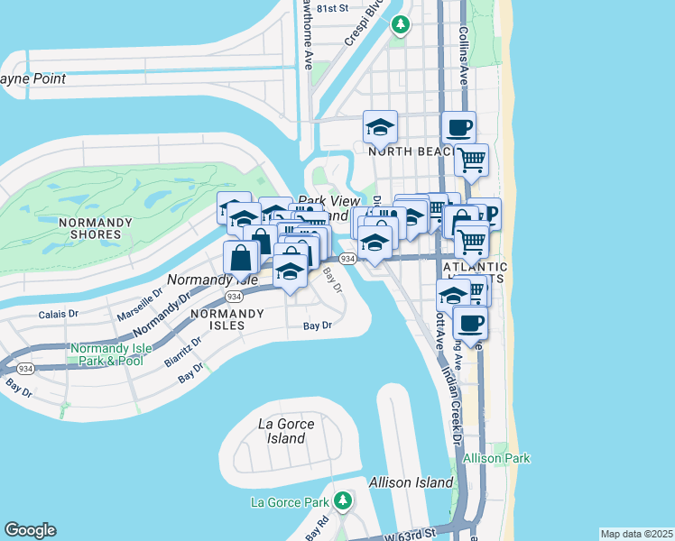 map of restaurants, bars, coffee shops, grocery stores, and more near 6949 Bay Drive in Miami Beach