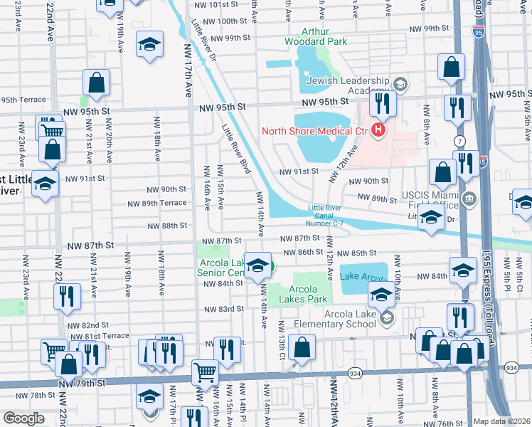 map of restaurants, bars, coffee shops, grocery stores, and more near 8821 Northwest 14th Avenue in Miami