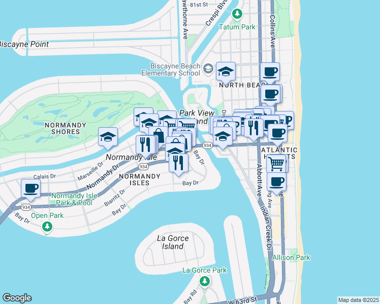 map of restaurants, bars, coffee shops, grocery stores, and more near 7802 Rue Vendome in Miami Beach