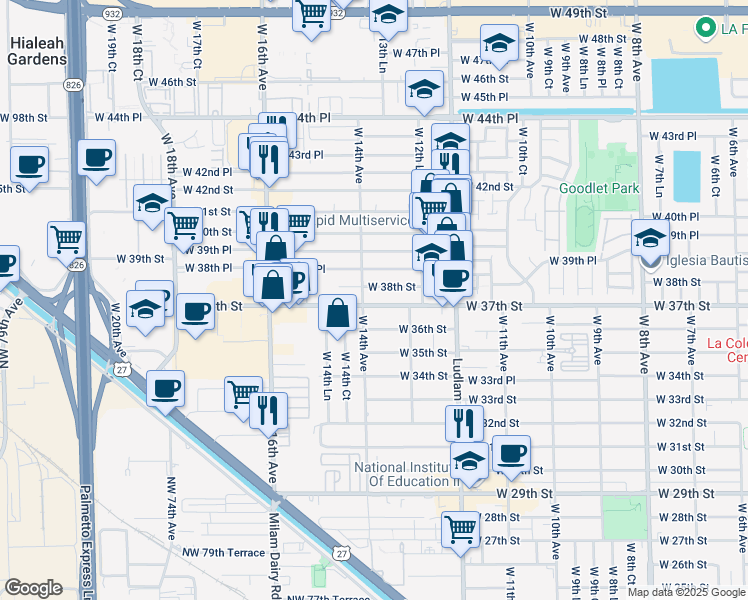 map of restaurants, bars, coffee shops, grocery stores, and more near 1371 West 37th Street in Hialeah
