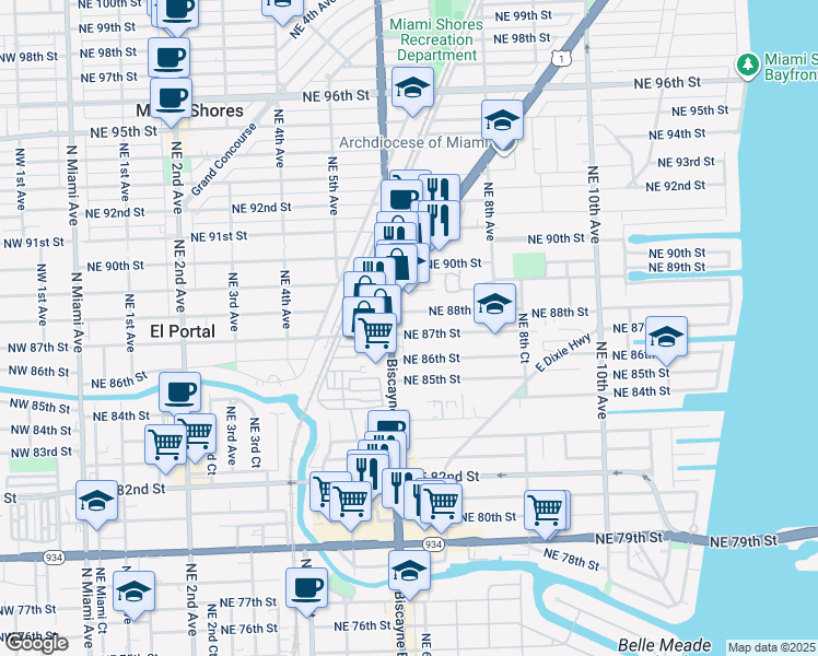 map of restaurants, bars, coffee shops, grocery stores, and more near 637 Northeast 87th Street in Miami Shores