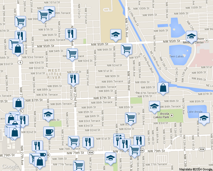 map of restaurants, bars, coffee shops, grocery stores, and more near 1863 NW 88th Terrace in Miami