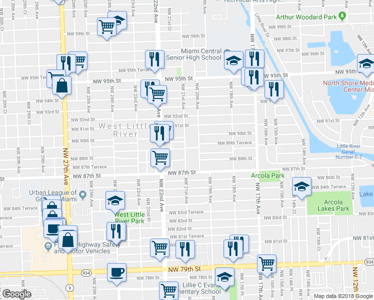 map of restaurants, bars, coffee shops, grocery stores, and more near 2050 Northwest 89th Street in Miami