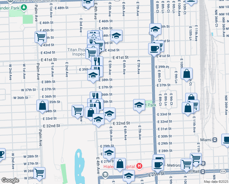 map of restaurants, bars, coffee shops, grocery stores, and more near 3651 East 5th Avenue in Hialeah