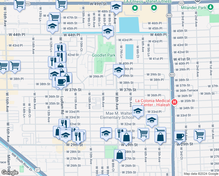 map of restaurants, bars, coffee shops, grocery stores, and more near 825 West 37th Street in Hialeah
