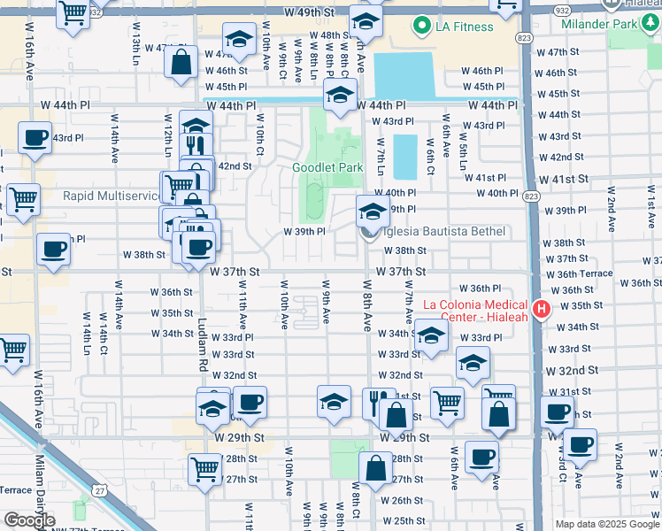 map of restaurants, bars, coffee shops, grocery stores, and more near 825 West 37th Street in Hialeah