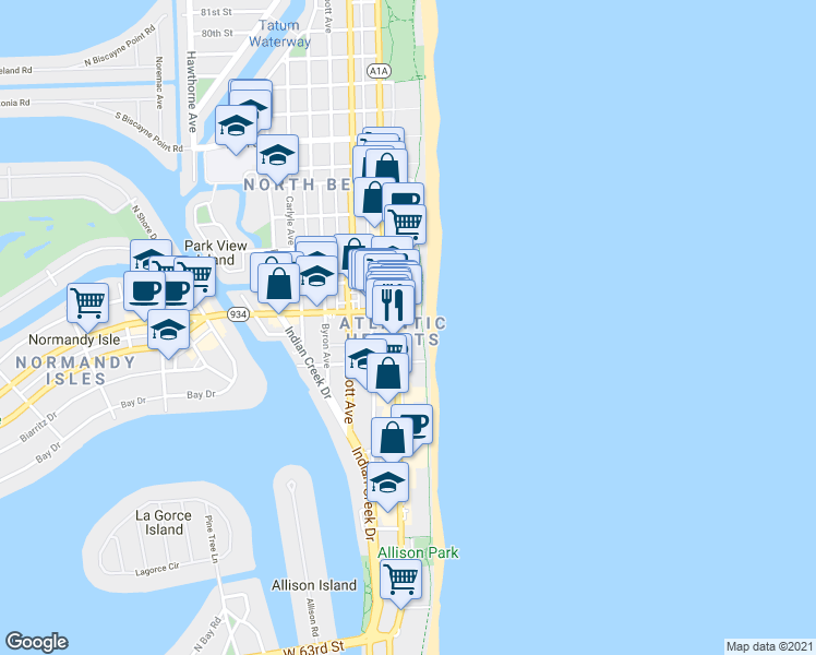 map of restaurants, bars, coffee shops, grocery stores, and more near 7001 Collins Avenue in Miami Beach