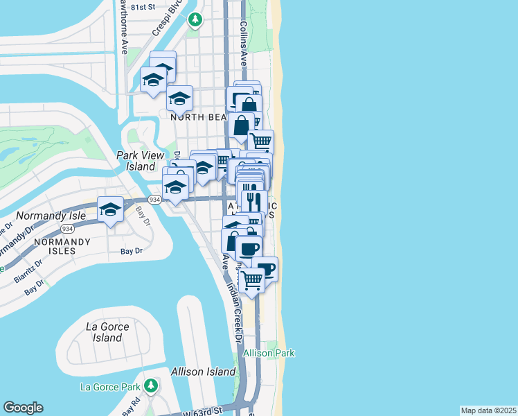 map of restaurants, bars, coffee shops, grocery stores, and more near 7001 Collins Avenue in Miami Beach