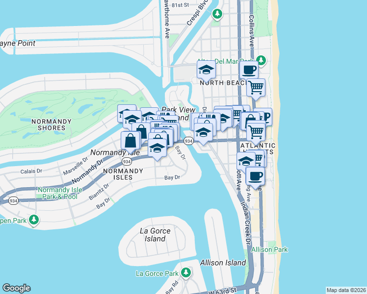 map of restaurants, bars, coffee shops, grocery stores, and more near 6949 Bay Drive in Miami Beach
