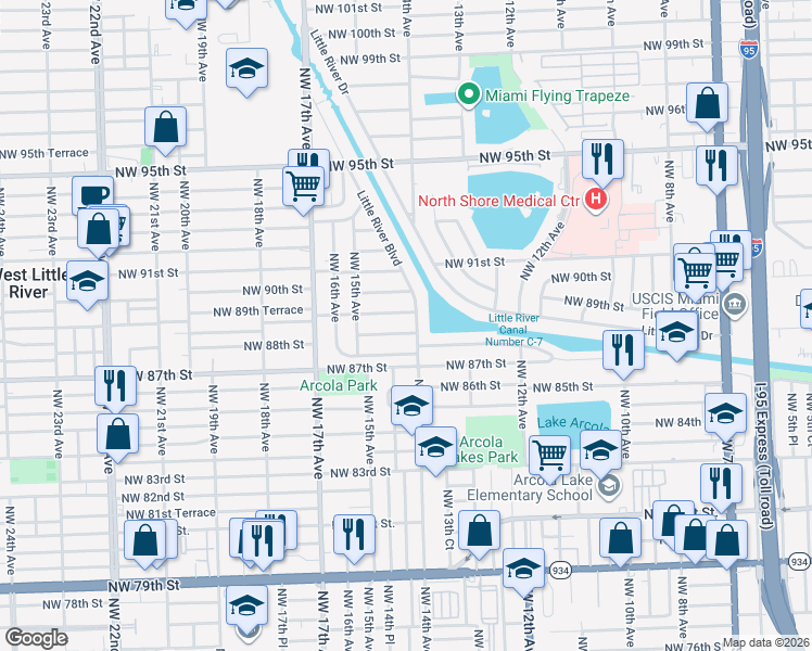 map of restaurants, bars, coffee shops, grocery stores, and more near 8821 Northwest 14th Avenue in Miami