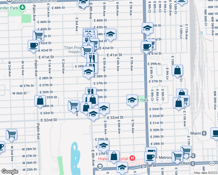 map of restaurants, bars, coffee shops, grocery stores, and more near 3651 East 5th Avenue in Hialeah