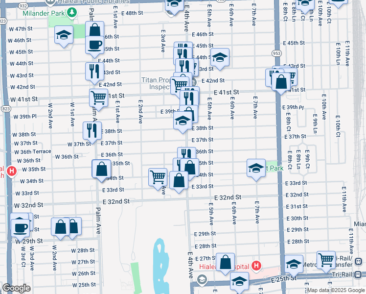 map of restaurants, bars, coffee shops, grocery stores, and more near 387-389 East 36th Street in Hialeah