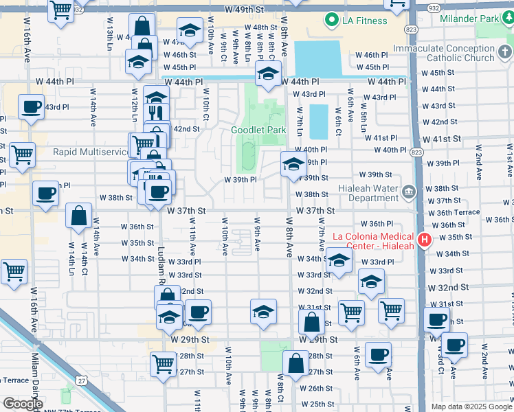 map of restaurants, bars, coffee shops, grocery stores, and more near 889 West 37th Street in Hialeah