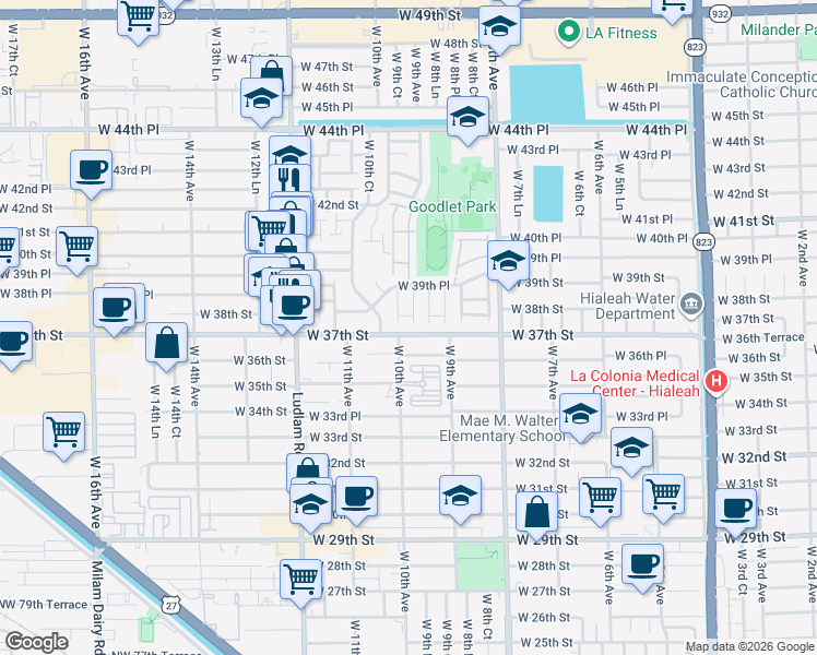 map of restaurants, bars, coffee shops, grocery stores, and more near 959 West 37th Street in Hialeah