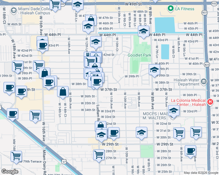 map of restaurants, bars, coffee shops, grocery stores, and more near 1135 West 37th Street in Hialeah