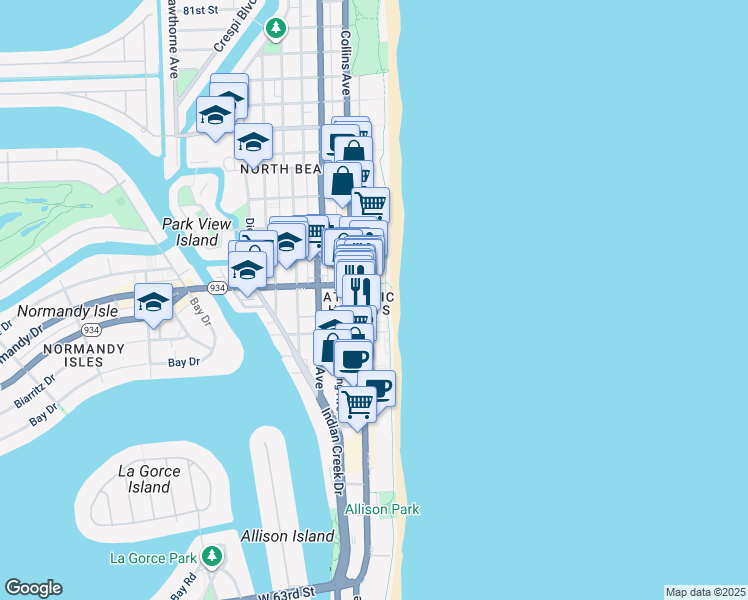 map of restaurants, bars, coffee shops, grocery stores, and more near 6969 Collins Avenue in Miami Beach