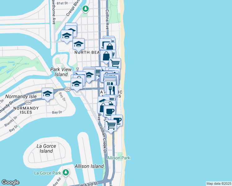 map of restaurants, bars, coffee shops, grocery stores, and more near in Miami Beach