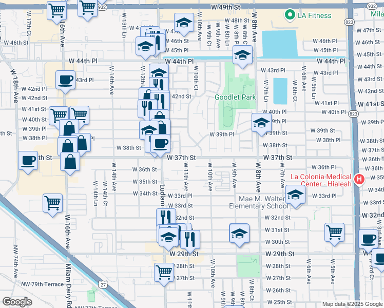 map of restaurants, bars, coffee shops, grocery stores, and more near 1061 West 37th Street in Hialeah
