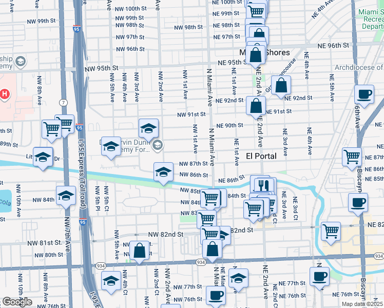 map of restaurants, bars, coffee shops, grocery stores, and more near 120 Northwest 88th Street in El Portal