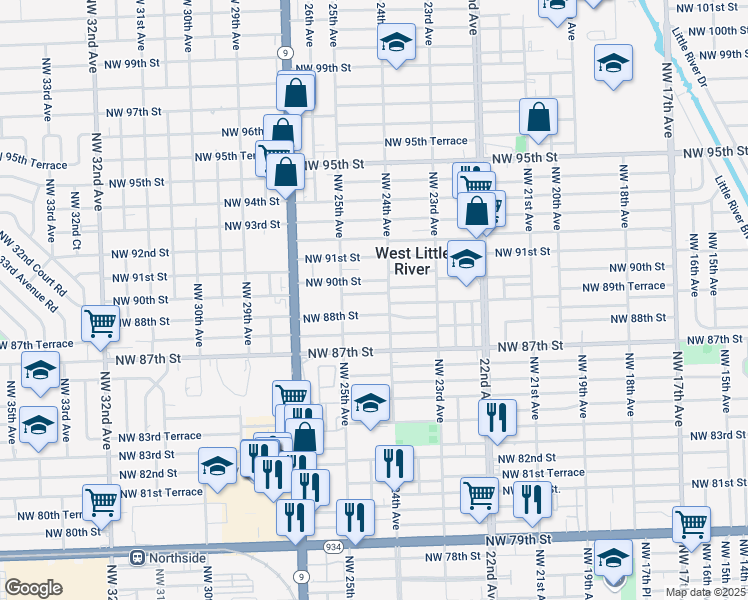 map of restaurants, bars, coffee shops, grocery stores, and more near 8900 Northwest 24th Avenue in Miami