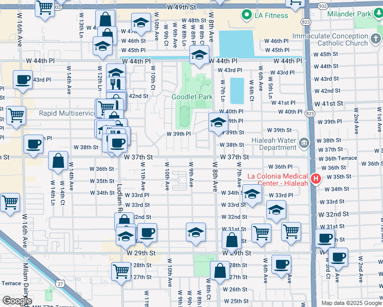 map of restaurants, bars, coffee shops, grocery stores, and more near 889 West 37th Street in Hialeah