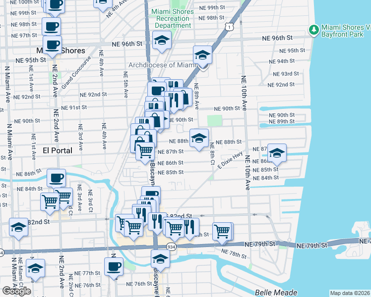 map of restaurants, bars, coffee shops, grocery stores, and more near in Miami Shores