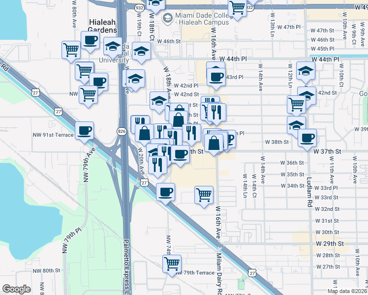 map of restaurants, bars, coffee shops, grocery stores, and more near in Hialeah