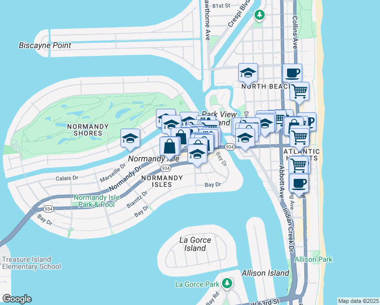map of restaurants, bars, coffee shops, grocery stores, and more near 1114 Normandy Drive in Miami Beach