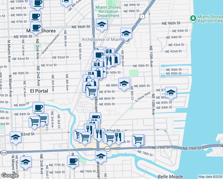 map of restaurants, bars, coffee shops, grocery stores, and more near in Miami Shores