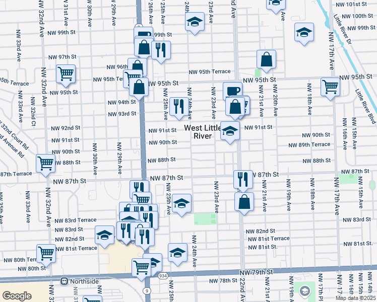 map of restaurants, bars, coffee shops, grocery stores, and more near 8900 Northwest 24th Avenue in Miami
