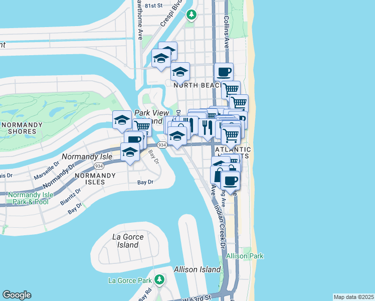 map of restaurants, bars, coffee shops, grocery stores, and more near 615 71st Street in Miami Beach