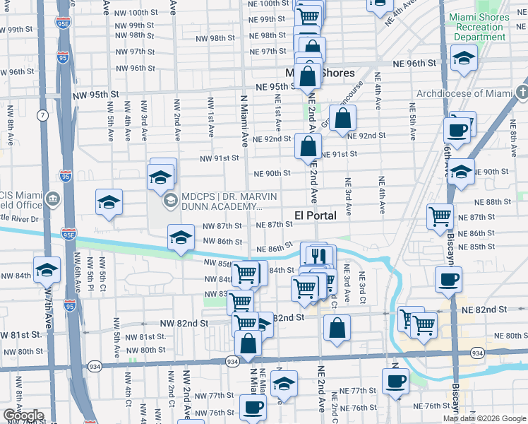 map of restaurants, bars, coffee shops, grocery stores, and more near 48 Northeast 88th Street in El Portal