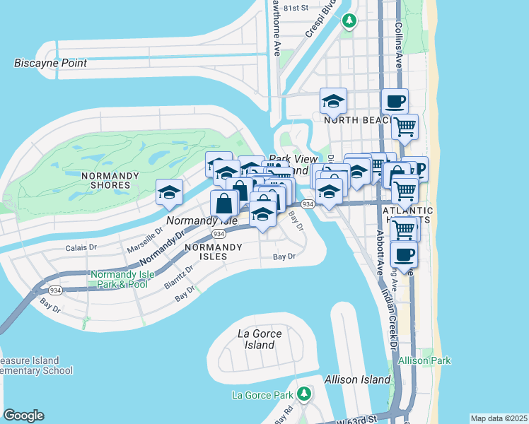 map of restaurants, bars, coffee shops, grocery stores, and more near 1114 Normandy Drive in Miami Beach
