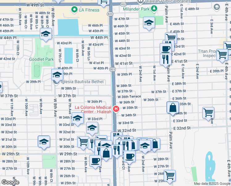 map of restaurants, bars, coffee shops, grocery stores, and more near 3695 Red Road in Hialeah