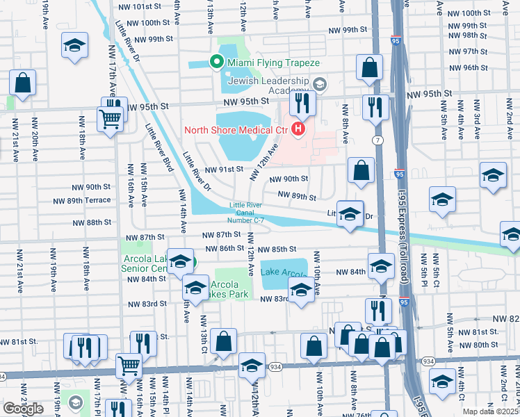 map of restaurants, bars, coffee shops, grocery stores, and more near 1170 Little River Drive in Miami