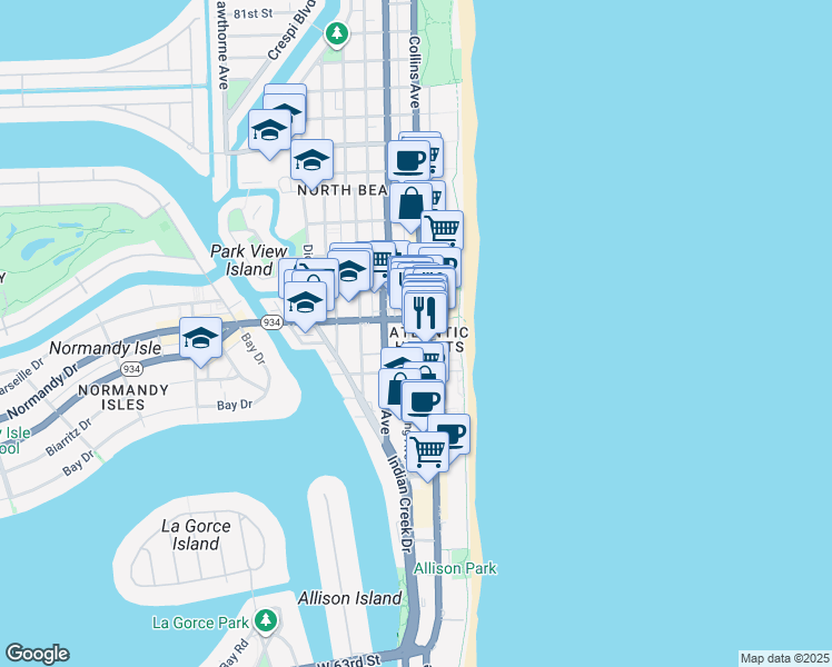 map of restaurants, bars, coffee shops, grocery stores, and more near in Miami Beach