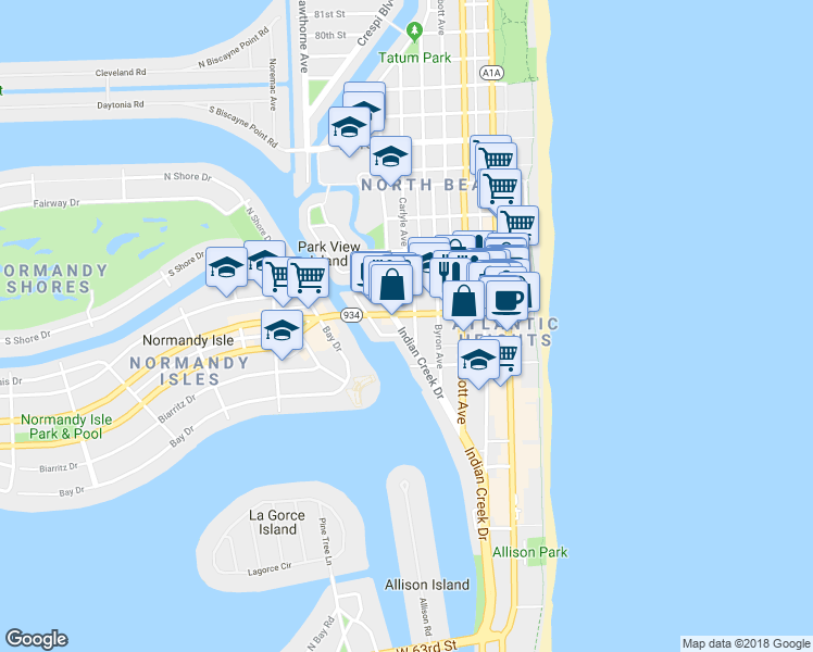 map of restaurants, bars, coffee shops, grocery stores, and more near 615 71st Street in Miami Beach