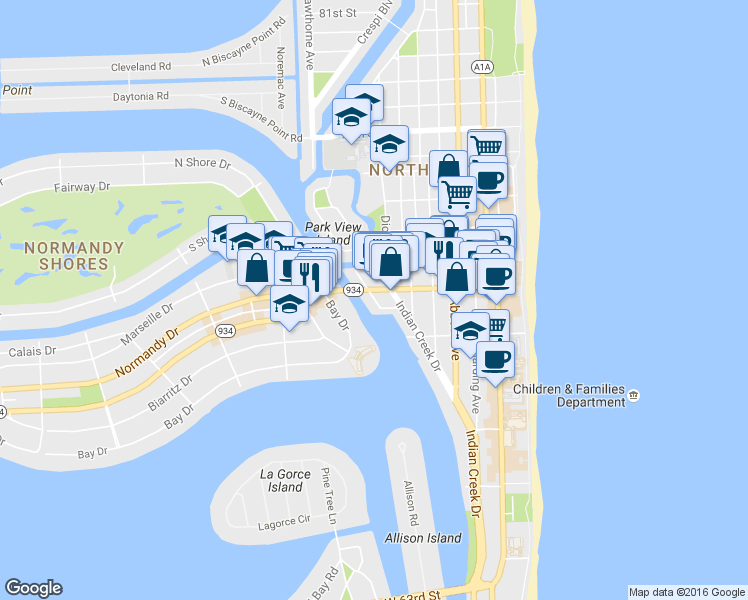 map of restaurants, bars, coffee shops, grocery stores, and more near in Miami Beach