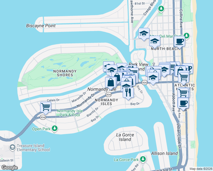 map of restaurants, bars, coffee shops, grocery stores, and more near 7115 Rue Notre Dame in Miami Beach