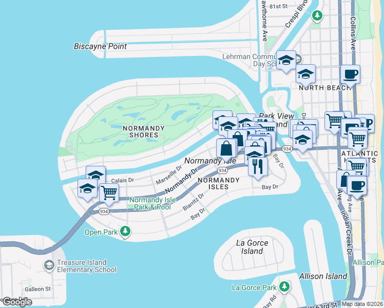 map of restaurants, bars, coffee shops, grocery stores, and more near 1365 Marseille Drive in Miami Beach