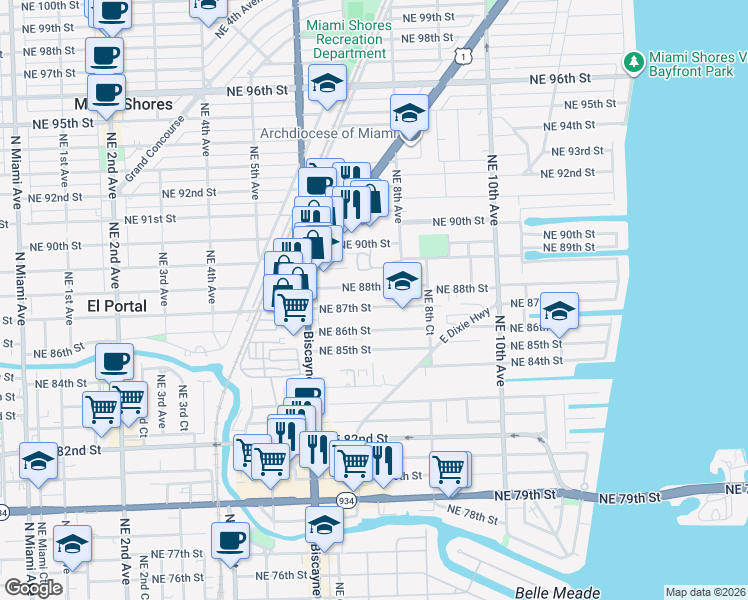 map of restaurants, bars, coffee shops, grocery stores, and more near in Miami Shores